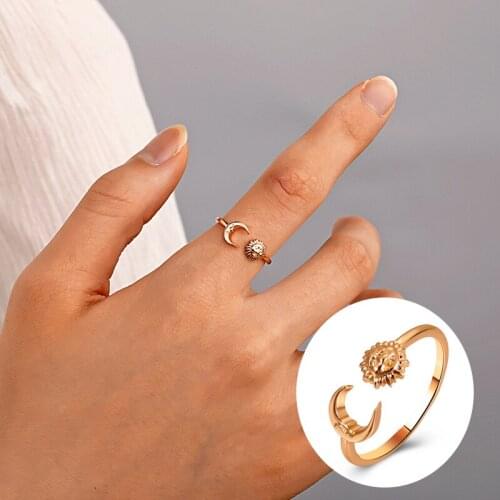 Vintage Sun Moon Face Gold Silver Color Metal Rings for Women Girls Couple Adjustable Wedding Valentines Day Rings 2021 Trend