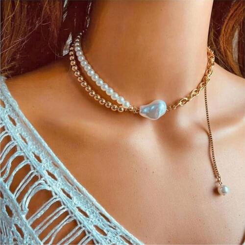 Fashion Irregular Baroque Pearl Vintage Geometric Pendant Necklace Women Accessories Gold Double Layer Chain Necklaces Jewelry