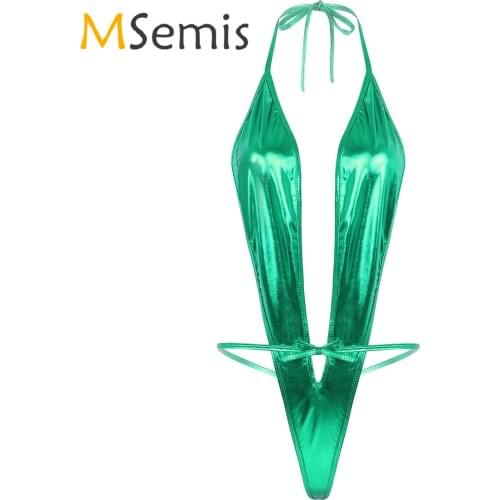 Womens Lingerie Sexy Micro Bikini Swimwear Shiny Metallic Patent Leather Bodysuit Halter Neck Lace-up Thongs Leotard Bodysuit
