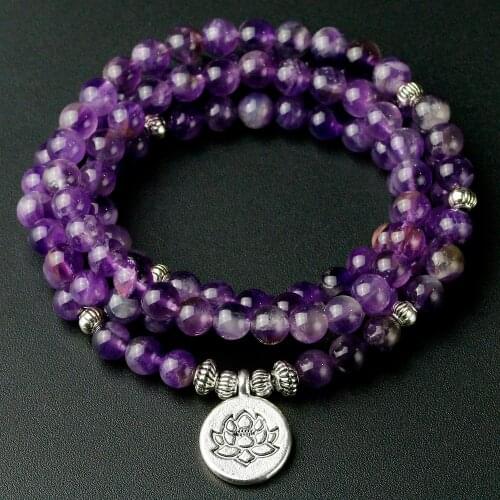 108 Natural Purple Quartz Beads Mala Bracelet Lotus Flower OM Wrist Buddhist Buddha Yoga Bracelets for Women Stone Jewelry