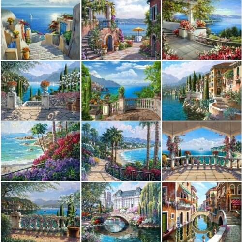 AZQSD Full Square Diamond Embroidery Town Seaside Cross Stitch Rhinestones Diamond Painting Landscape Mosaic Decoration For Home