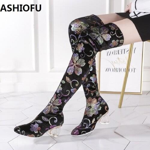 ASHIOFU Handmade Ladies Thigh High Boots Flower Stretch Leather Over Knee Boots Winter Sexy Club Party Fashion Long Boots Shoes