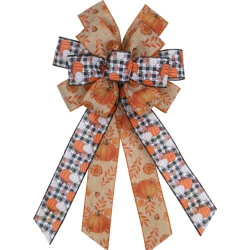 Large Fall Burlap Wreath Gift Bow 20.8x11.4inch Handmade Orange Buffalo Plaid Tied BowKnot Thanksgiving Christmas Decor 100pcs