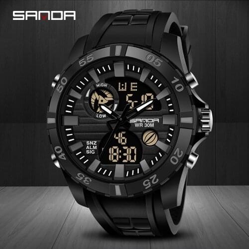 Sanda Watches Men Black Sports Watches Men LED Digital 3ATM Waterproof Military Watches S Shock Male Clock relogios masculino