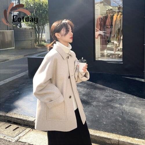 Cotday Loose 2020 New Hepburn Style Autumn Winter Casual Woolen Coat Womens Coat Short Small Temperament Korean Version Coats