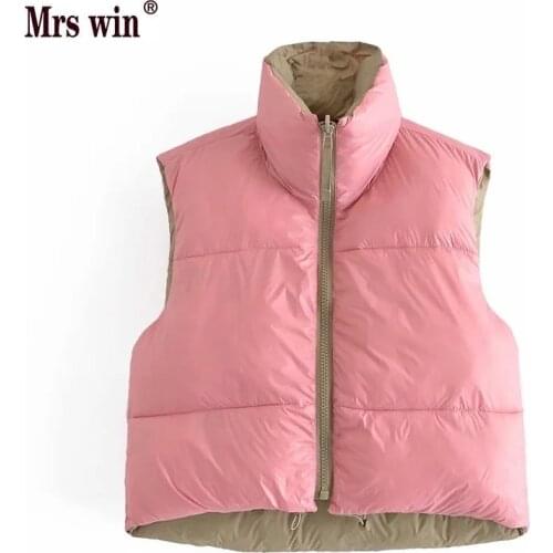 Double-sided ZA Winter Women Fashion Warm Jacket Cardigan Waistcoat Thick Sleeveless Coat High Collar Zip Cotton Vest Outerwear