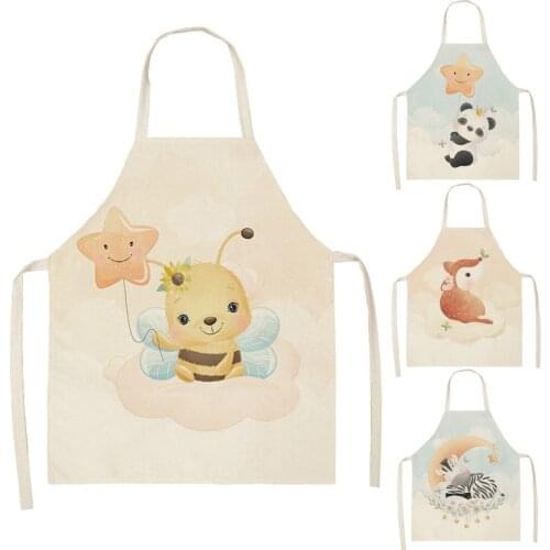 Cartoon Bear Apron Fox Kitchen Baking Panda Bee Parent-child Apron Cotton Linen Apron 66x47cm