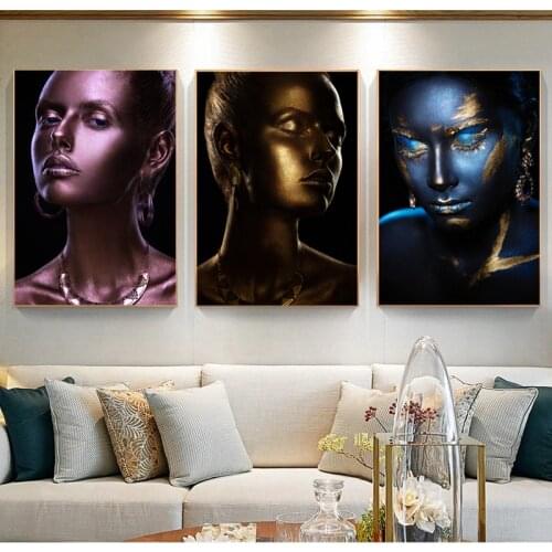 Sexy Women Portrait Art Canvas Posters Prints Black and Gold Figure Painting Wall Art Picture for Living Room Cuadros Decoration