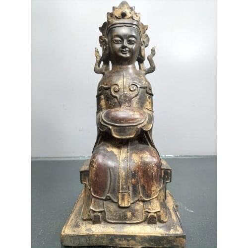 15"Chinese Folk Collection Old Bronze Cinnabar Lacquer Guanyin Bodhisattva Void Bodhisattva Sitting Buddha Ornaments Town House