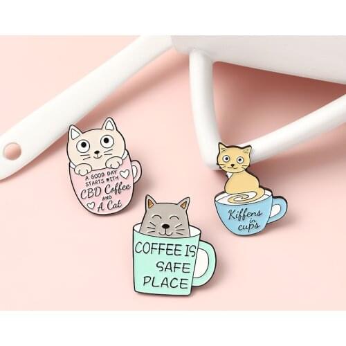 COFFEE IS SAFE PLACE Enamel Pins Badges Cartoon Cat Brooches Bag Clothes Lapel Pin Cute Coffee Cat Jewelry Gift