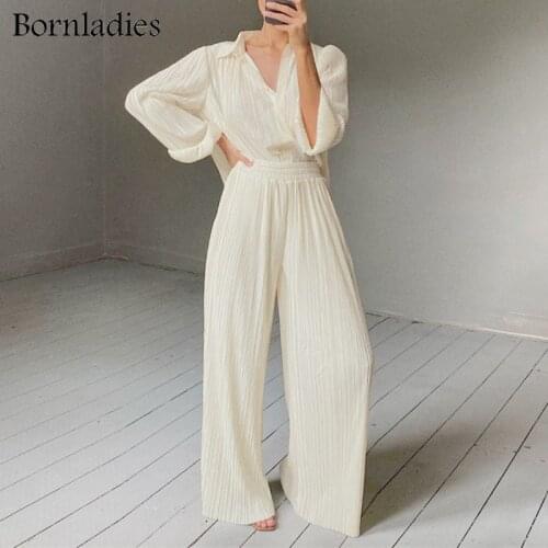 Bornladies Pleated Wide Leg Pants Sets Women Elastic High Waist Ruched Palazzo Pants + Loose Blouse Shirt Sets Oversized Pants