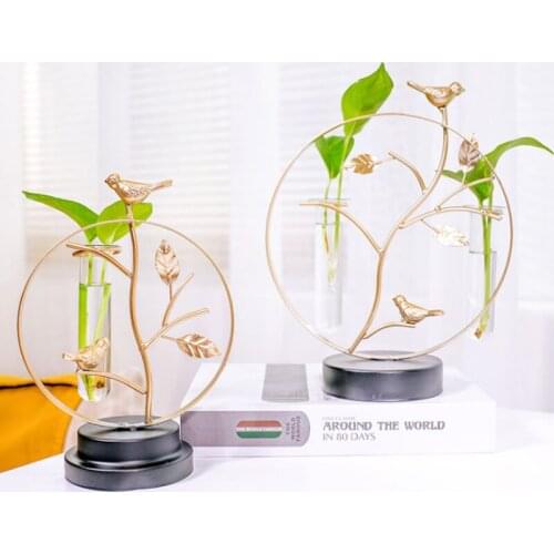 Creative Bird Sculpture Hydroponic Iron Art Vase Plant Glass Container Transparent Flower Pot Home Decoration Desktop Ornaments