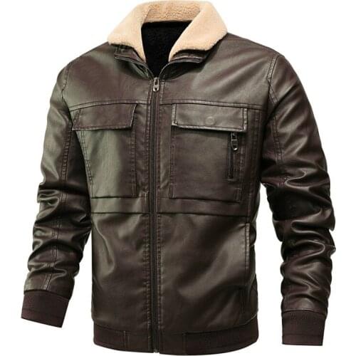 2020 New Winter Leather Jacket Men Fur Collar Motorcycle Leather Jacket Multi-pocket Thick Fleece Men PU Leather Jackets Coats