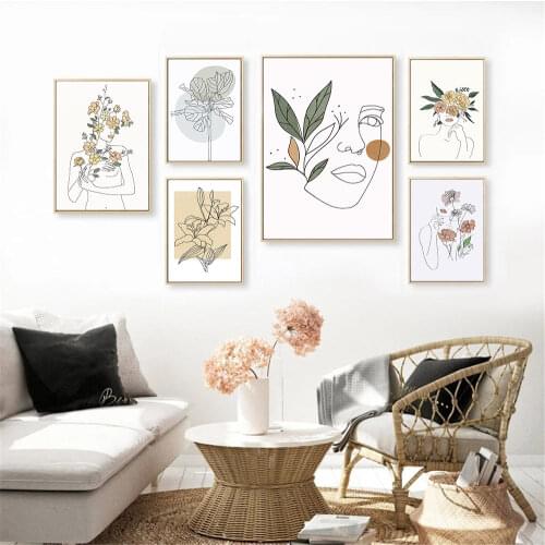 Plant Leaf Flower Orange Poster Female Woman Body Face Canvas Print Painting Abstract Line Wall Art Pictures Living Room Decor