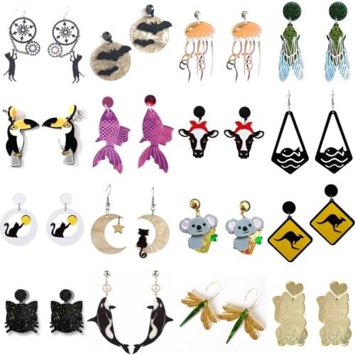 Earrings For Women Hip Hop Earrings Cute Animal Moon Cat Fish Unicorn Cartoon Bear Harajuku Dangler Fashion Jewelry Girl Gifts