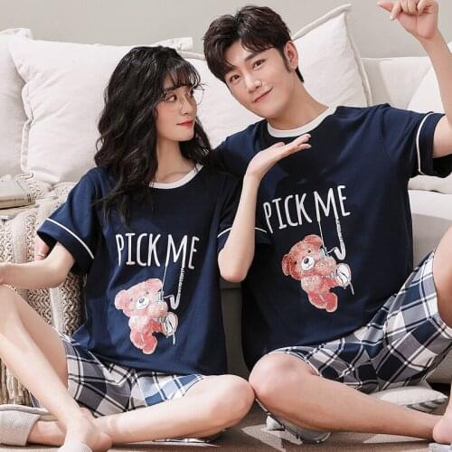 With Plaid Shorts Summer Men Casual Short Sleeve Tops Homewear Bear Cartoon Couple Matching Kawaii Cotton Women Nightwear Suit