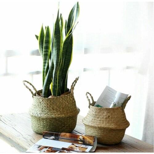 38/45cm Foldable Woven Seagrass Basket Handmade Wicker Basket Laundry Toy Storage Holder Home Garden Flower Plants Pot Organizer