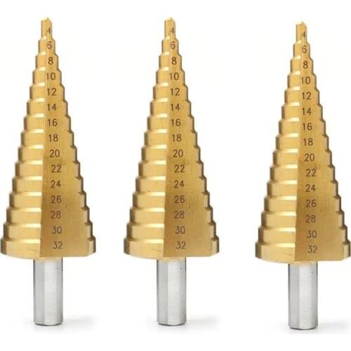 Step Drill Bit,Taper Drill Bit Set Hole Cutter Metric 4-12/20/32mm, Titanium Coated Metal Bit