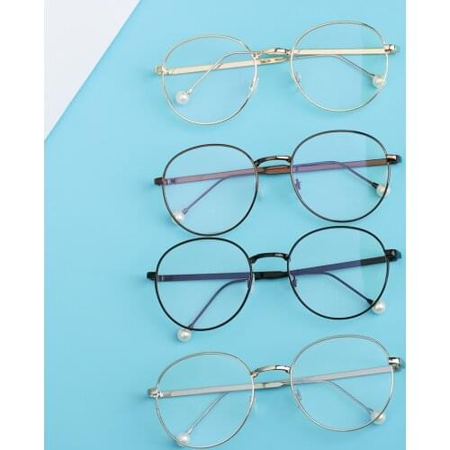 Ultralight round metal frame retro pearl decoration computer glasses unisex anti-blue glasses flat glasses