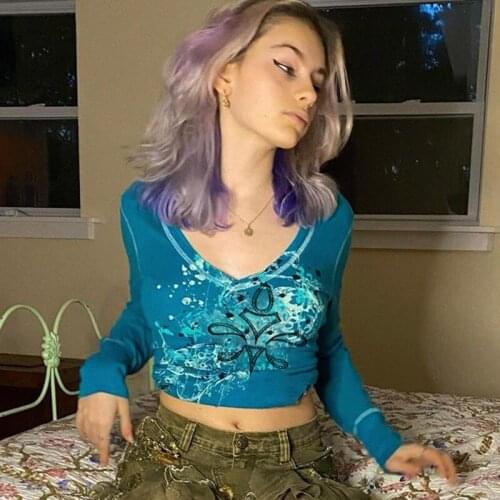 Y2K Women New Autumn Spring Blue Tees Long Sleeve Round Neck Sequined Cropped Club Party Street Casual Tops Streetwear S M L