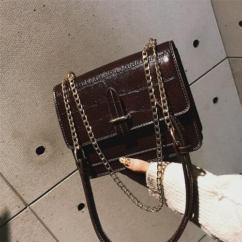 BENVICHED Ladies' pu bag 2021 new spring fashion Crocodile pattern retro black chain handbag Inclined single shoulder bag c455