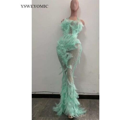 Women Dress Green Rhinestones Feather Transparent Net Long Dress Birthday Celebrate Outfit Bar Prom Women Singer Dancer Dress