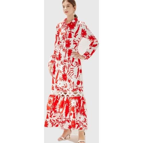 2021 Autumn Runway Fashion Maxi Dress Womens Red Print Lapel Long Sleeve Hollow stitching Rufles Holiday Boho Long Dress