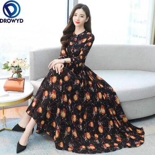 2021 Spring Autumn Women Boho Maxi Dress Party Long Sleeve Black Floral Print Vestidos Vintage Print Chiffon Casual Midi Dress