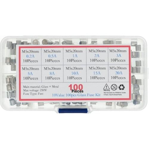 100Pcs Set 5x20mm M5 Quick Blow Glass Tube Fuse Assorted Kits,Fast-blow Glass Fuses