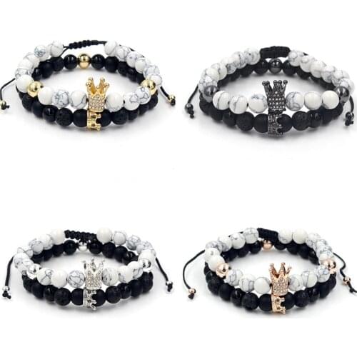 2PCS/Set Couple His Hers Lover Bracelets Sets Women Mens Distance Black White Beads CZ Crown King Charm Braiding Bracelet Sets