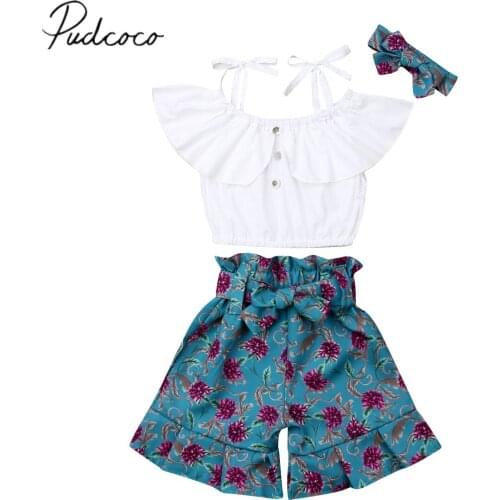 Pudcoco Baby Girl Floral Outfits Ruffle Sleeve T-shirt Top+Shorts Pants+Headband Toddler Kids Girls 3PCS Summer Clothes Set 2-7Y