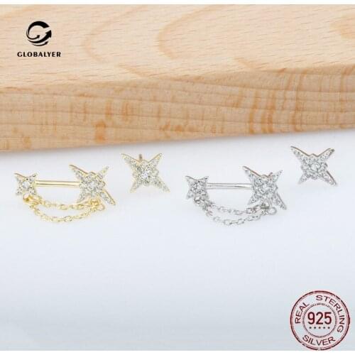 925 sterling silver temperament sweet asymmetric star zircon earrings Small fresh crystal four-pointed star earrings 555