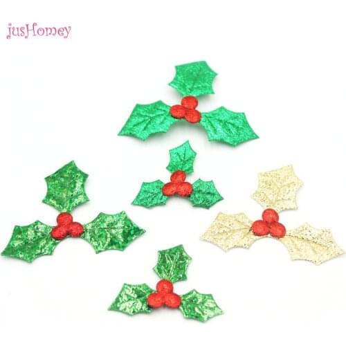 100pcs Holly Berry Leaf Appliques Gold, Green Color Fabric for Christmas Party Decoration, ScrapBooking
