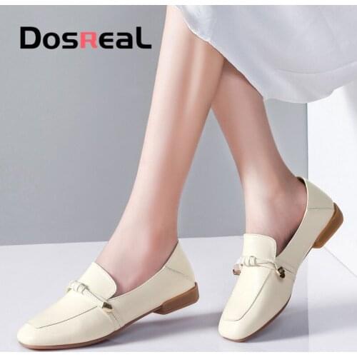 Dosreal Autumn Women Ballet Flats Shoes Genuine Leather Loafers Women Slip-on Flats Shoes Woman Black Square Toe Shoes
