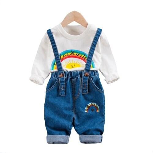 2021 Children Clothing Baby Rainbow Long Sleeve Tshirts Strap Jeans Demin Overall Toddler Girl Boy Clothes