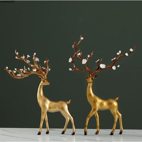 European Resin Golden Sika Deer Modern Art Sculpture Cute Animal Statue Statuette Entrance Wine Cabinet Decoration Wedding Gift