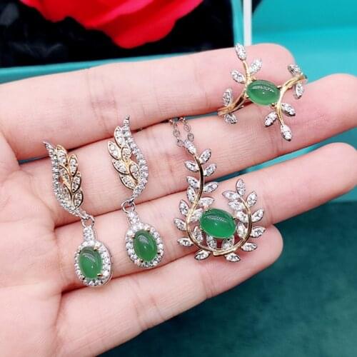 QTT Exquisite 925 Sterling Silver Jewelry Set Emerald Tourmaline Gemstone 6*8 Necklace Ring Earring Set Fine Female Jewelry Set
