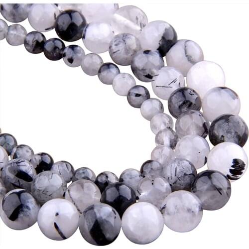 Vinswet Natural Polished Black rutilated quartz Spacer Loose Beads 4 6 8 10 12mm Round Gem Stone DIY For Bracelet Jewelry Making