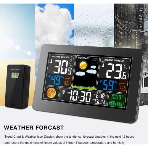 3-In1 Weather Station Clock Wall-Mounted Thermometer Hygrometer Barometer with RF Transmitter Electronic Dual Alarm Clock Snooze