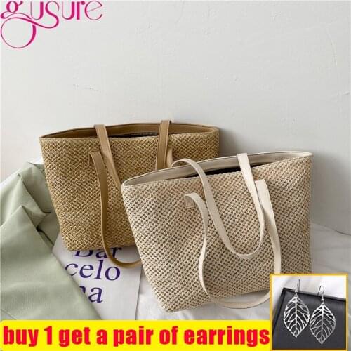 Gusure Fashion Women Summer Straw Large Capacity Tote Bag Beach Casual Shoulder Bag Handbag Handmade Basket Storage Shopping bag