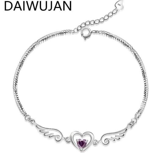 DAIWUJAN Fashion 925 Sterling Silver Heart Wing Purple Zircon Bracelets For Women Girls Engagement Party Wedding Jewelry Gift