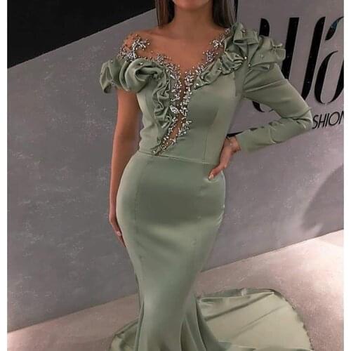 Muslim Evening Dresses Mermaid Scoop Long Sleeves Beaded Dubai Saudi Arabia Long Evening Gown Prom Dress Robe De Soiree