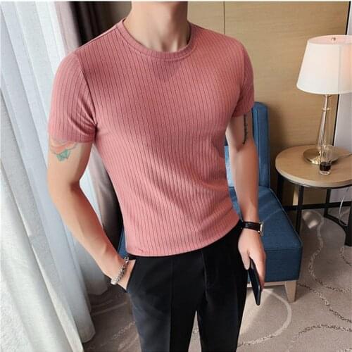 Mens brand round neck short-sleeved Tshirt summer muscle men fashion quality dark striped slim stretch T-shirt bottoming shirt