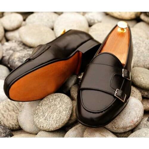Mens PU Classic Fashion Daily Business Casual Black Round Toe Double Buckle Monk Shoes Low Heel Comfortable Shoes ZZ171