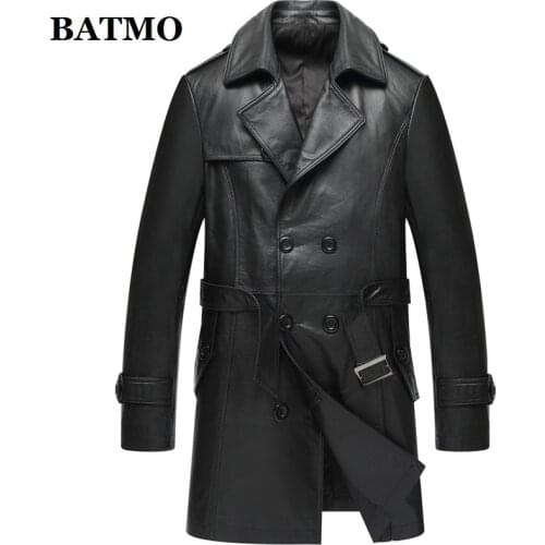 BATMO 2020 new arrival 100% natural cow leather jackets men,mens Double Breasted wine red leather trench coat,8307