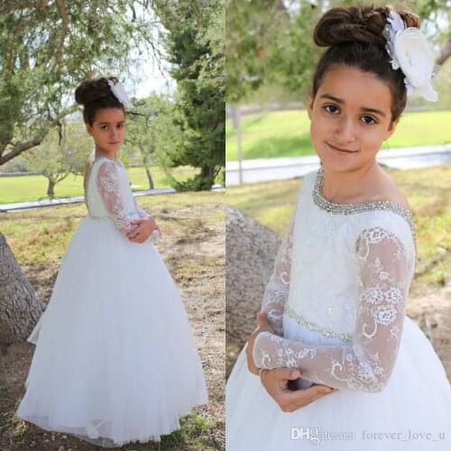 Princess Floor Length Flowergirl Dresses Beaded Neck Backless Illusion Lace Long Sleeve Tulle Skirt Vintage Flower Girl Dress We