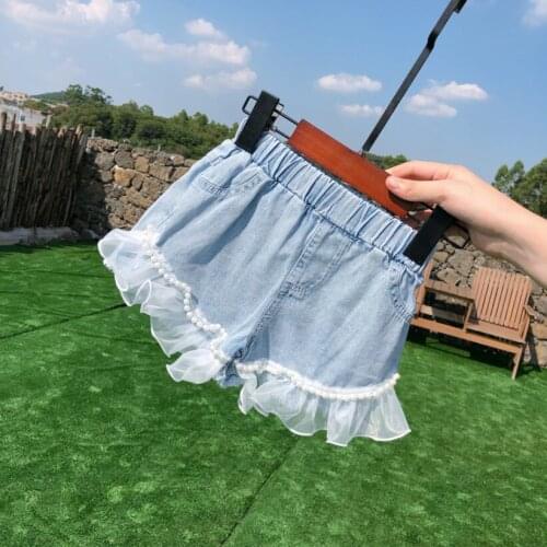 Girl Beach Hot Pants Baby Girls Pearls Denim Shorts Lace Jeans Children Shorts Kids Clothing