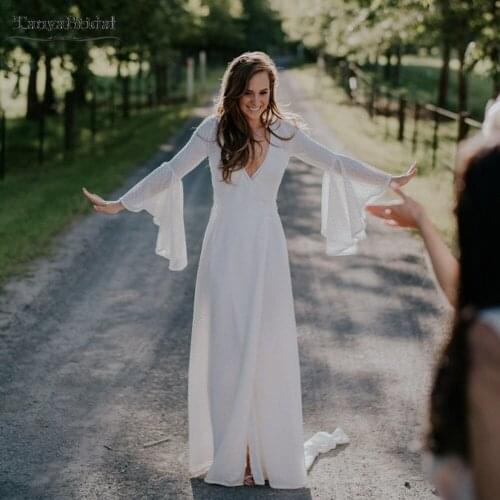 Flare Long Sleeve Lace Wedding Dresses High Split A Line Bridal Gowns Backless Vestido De Noivas Chic DW444