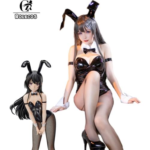 ROLECOS Anime Sakurajima Mai Cosplay Costume Women Black Sexy Bunny Jumpsuit Leather Rascal Does Not Dream of Bunny Girl Senpai