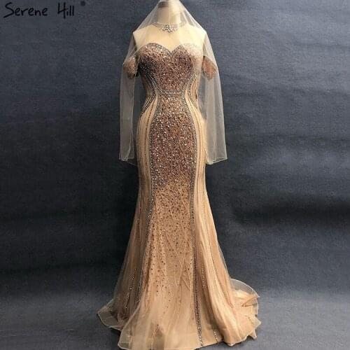 Luxury Sexy Gold Sheer Neckline Mermaid Evening Dresses Sparkly Beaded Evening Gown 2020 Real Photo Robe De Soiree BLA60797